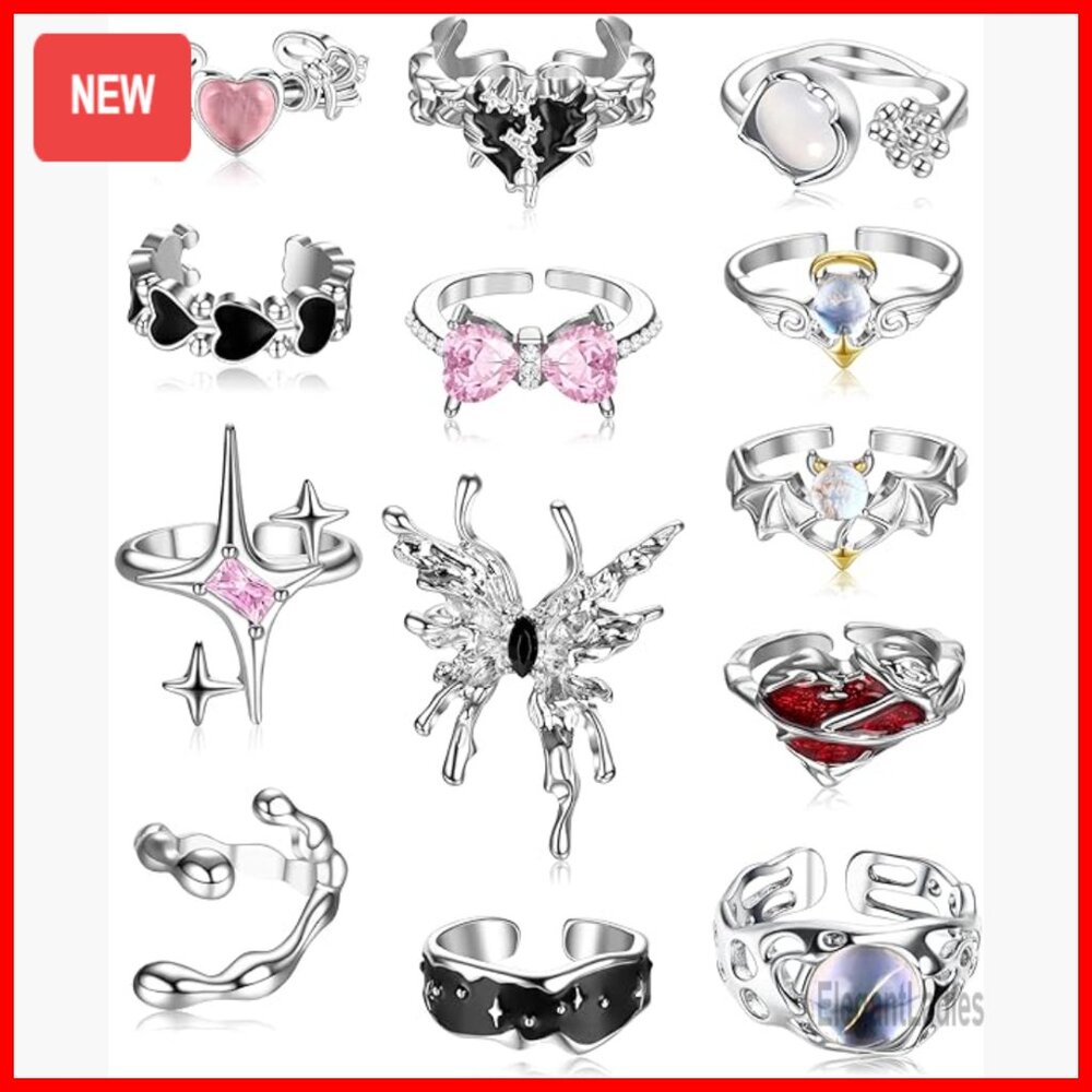 13 Piece Adjustable Statement Ring Set, Punk Goth… - image 1